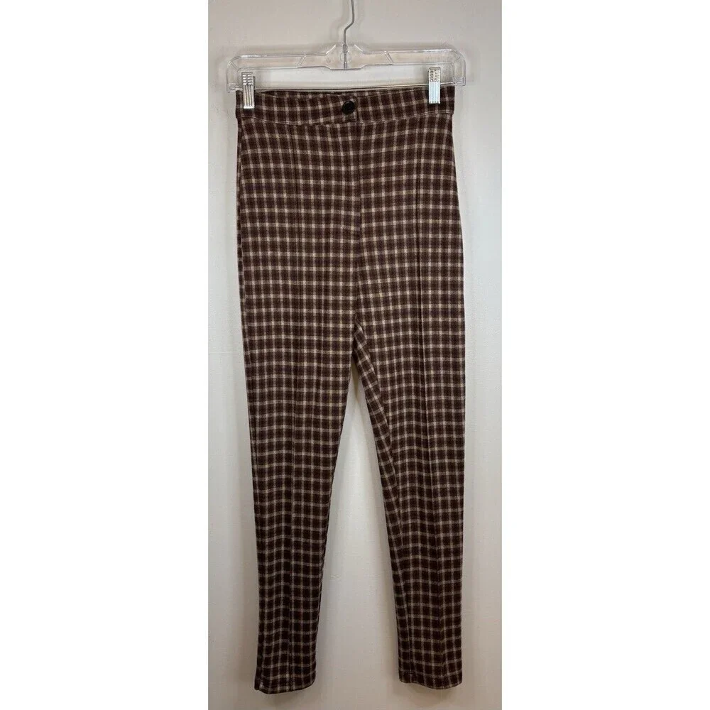 FREE PEOPLE Brown Motif Checkered Pants Women 2 Straight Slim Leg High Rise Soft